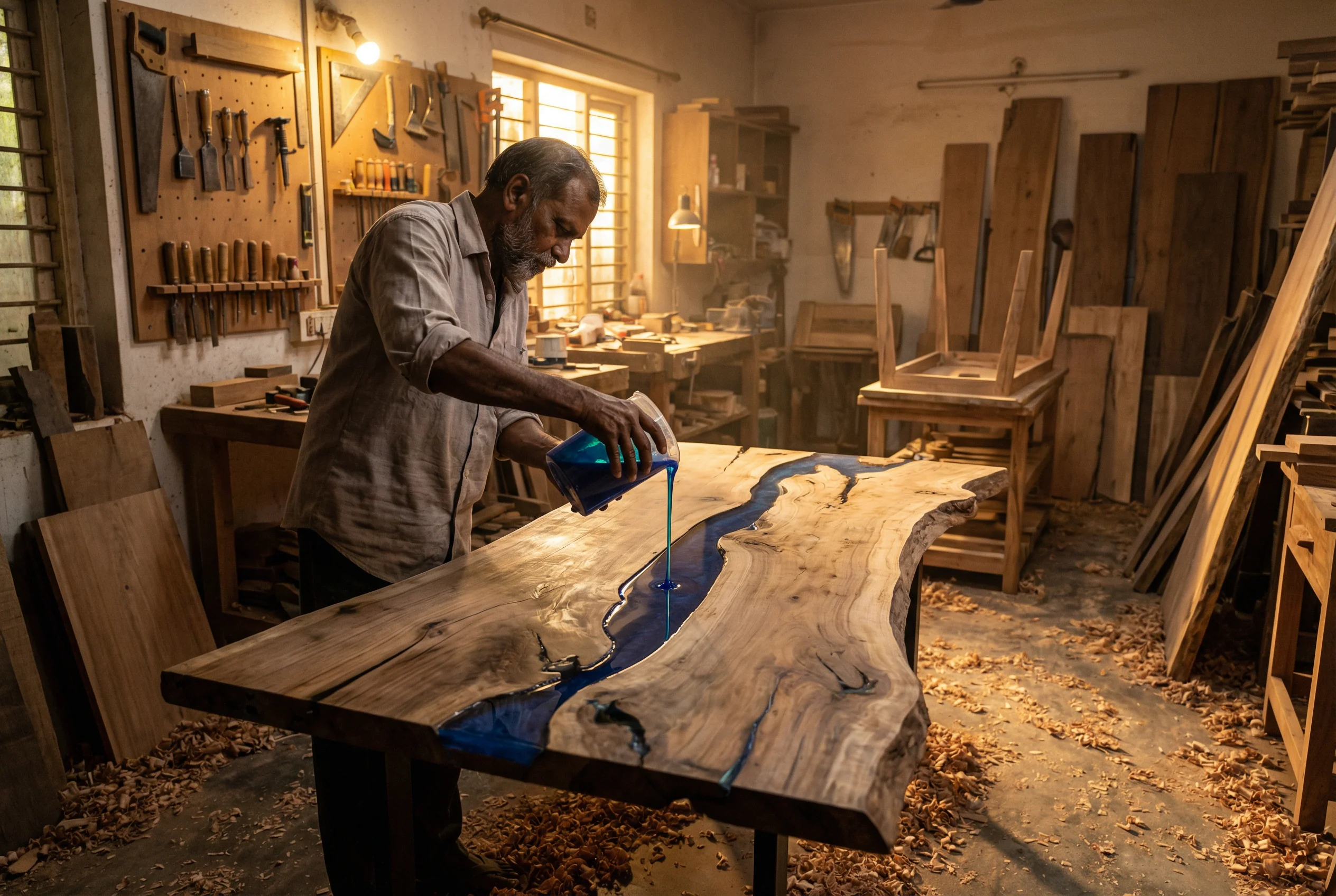 Craftsman pouring resin in workshop